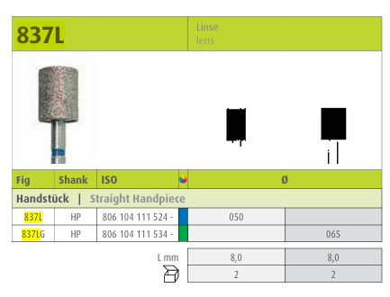 Jota Diamond Instrument Side and end cutting 837L FG (1.2mm)